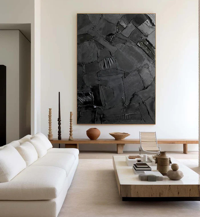 Black Textured Abstract Oil Painting - Modern Minimalist Wall Art