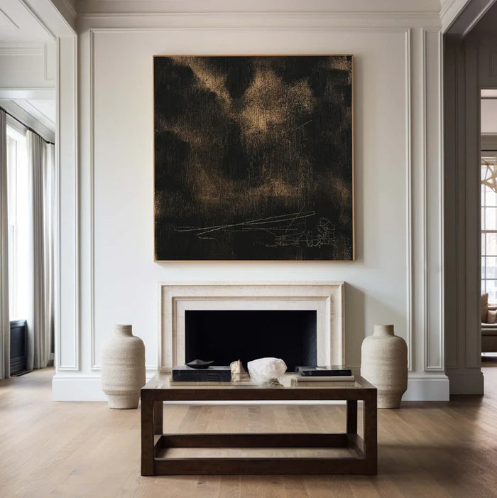 Black and Gold Textured Abstract Oil Painting - Modern Minimalist Wall Art