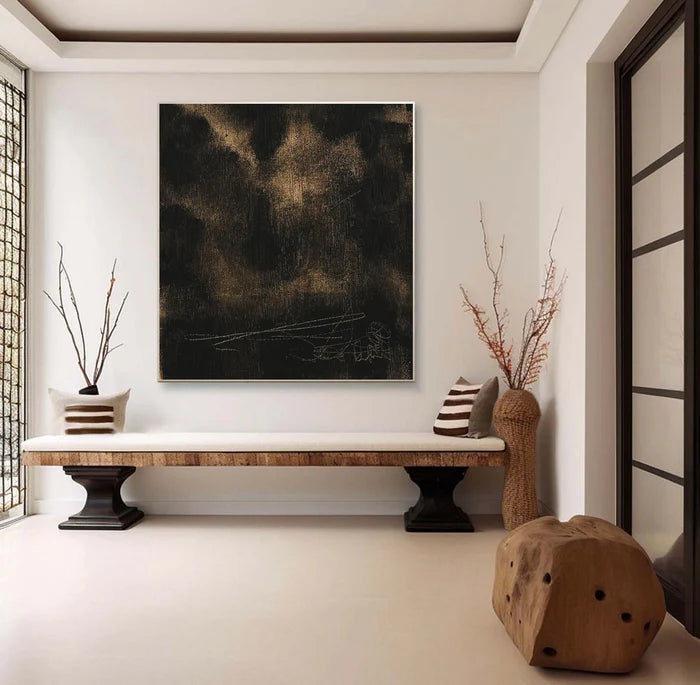 Black and Gold Textured Abstract Oil Painting - Modern Minimalist Wall Art