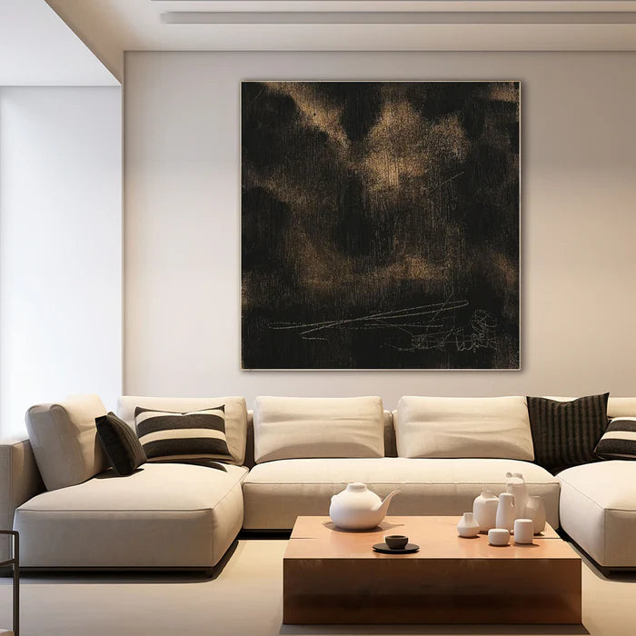 Black and Gold Textured Abstract Oil Painting - Modern Minimalist Wall Art