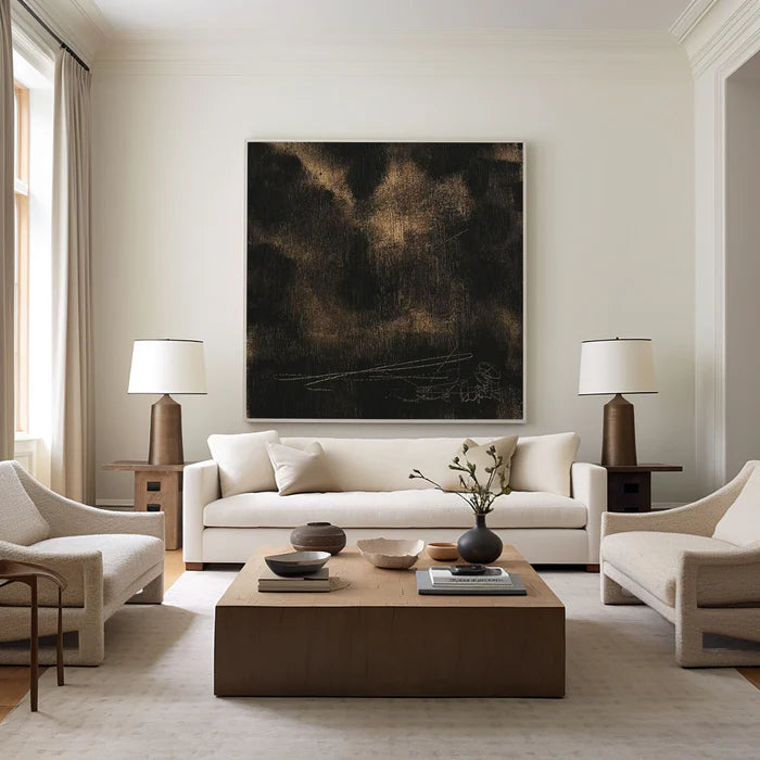 Black and Gold Textured Abstract Oil Painting - Modern Minimalist Wall Art