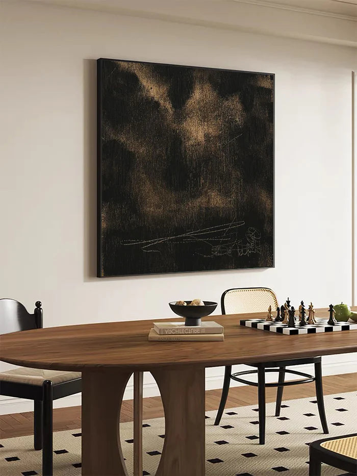 Black and Gold Textured Abstract Oil Painting - Modern Minimalist Wall Art