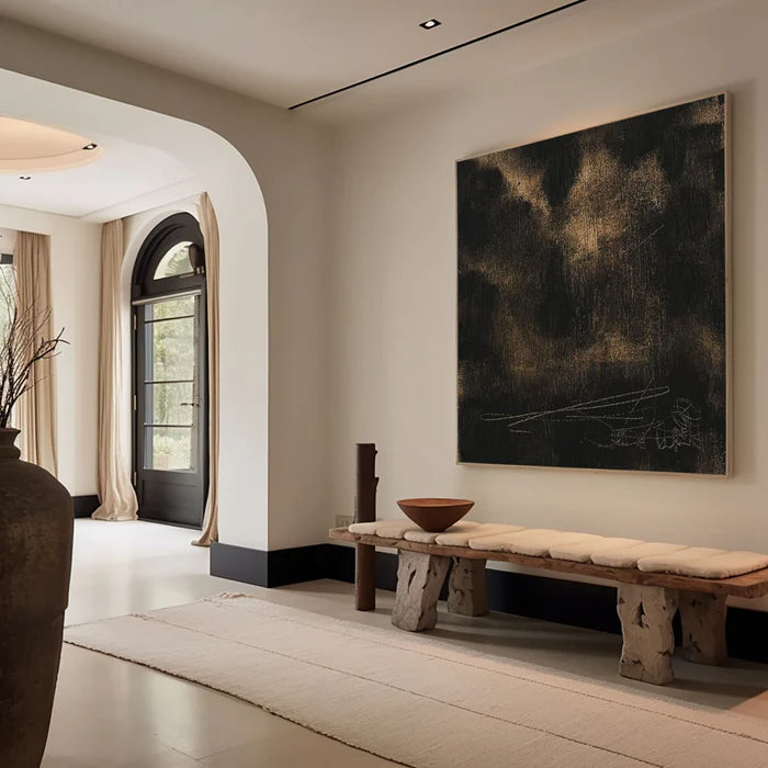 Black and Gold Textured Abstract Oil Painting - Modern Minimalist Wall Art