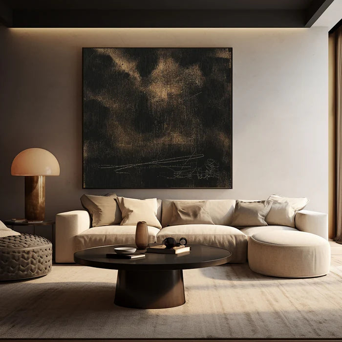 Black and Gold Textured Abstract Oil Painting - Modern Minimalist Wall Art