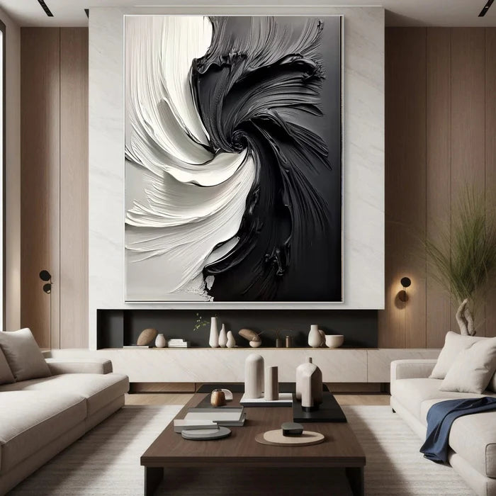 Black and White Textured Abstract Oil Painting - Modern Minimalist Wall Art