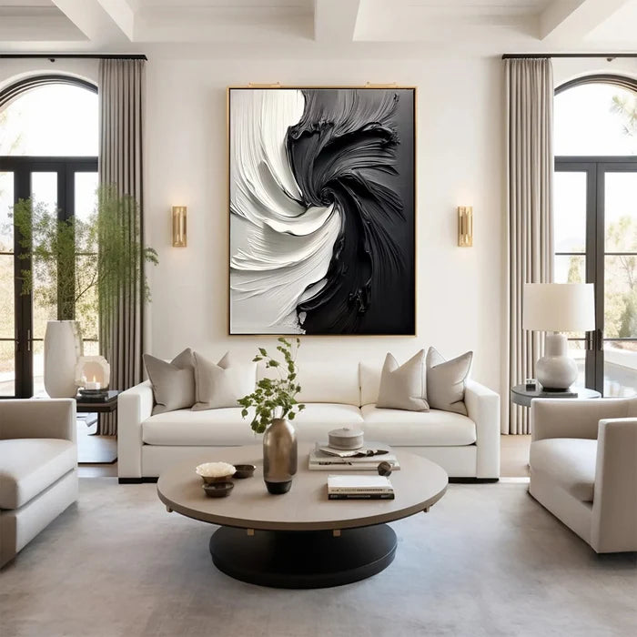 Black and White Textured Abstract Oil Painting - Modern Minimalist Wall Art