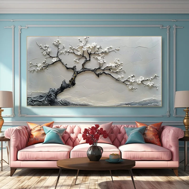 Blossoms in Serenity-Modern Interior Design Texture Sculpture Plum Bone Wall Art