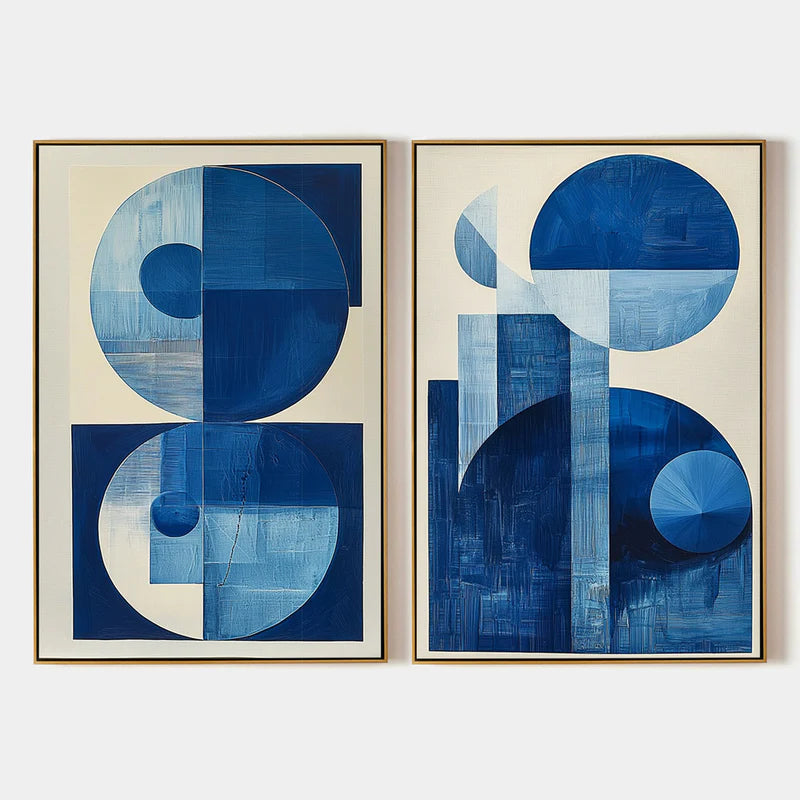 Blue Harmony – Minimalist Geometric Abstract Acrylic Painting (Set of 2)