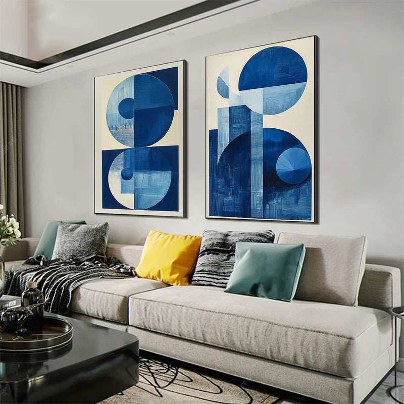 Blue Harmony – Minimalist Geometric Abstract Acrylic Painting (Set of 2)