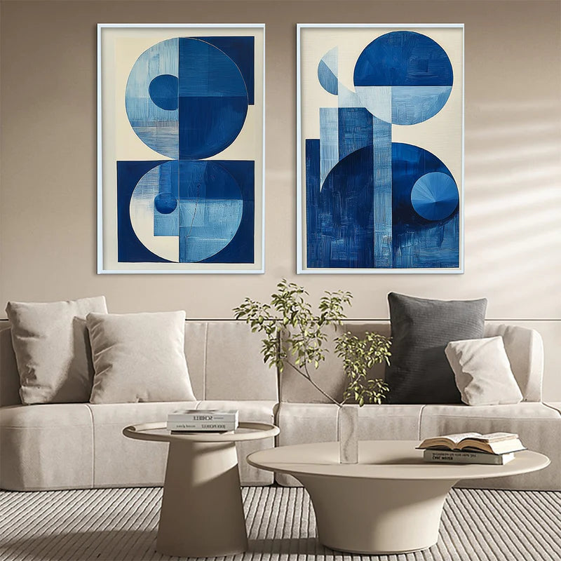 Blue Harmony – Minimalist Geometric Abstract Acrylic Painting (Set of 2)
