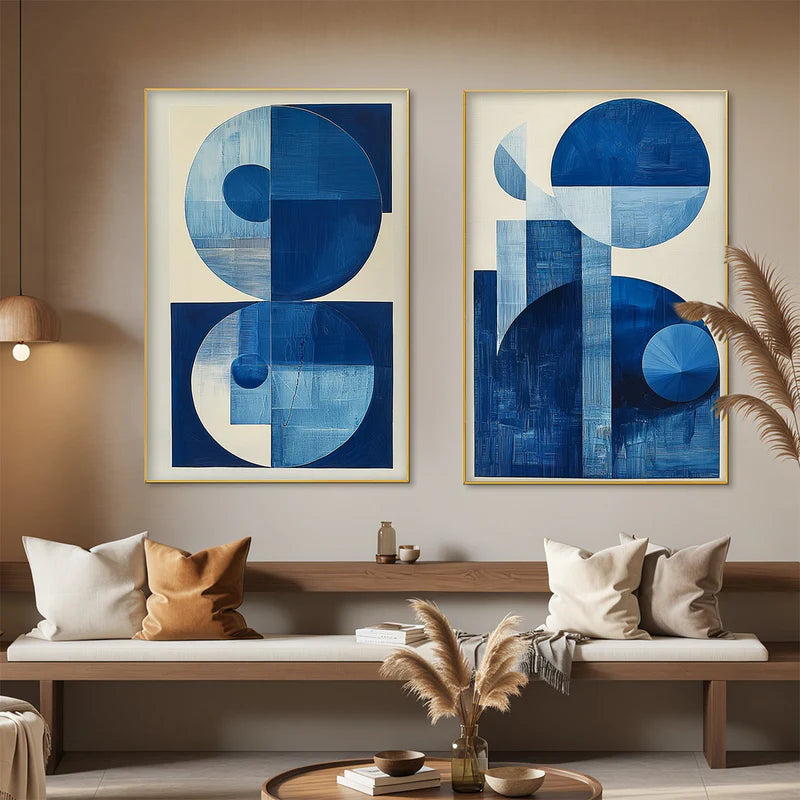Blue Harmony – Minimalist Geometric Abstract Acrylic Painting (Set of 2)