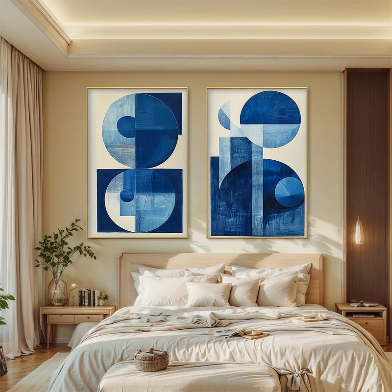 Blue Harmony – Minimalist Geometric Abstract Acrylic Painting (Set of 2)