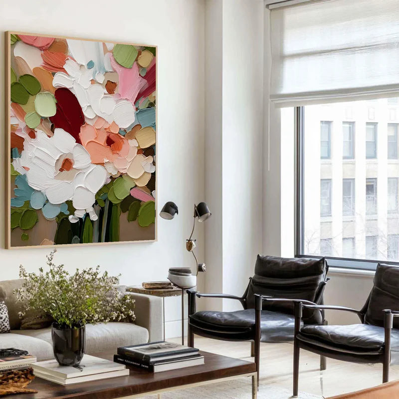 Bursting blooms thick textured floral abstract bright color palette art