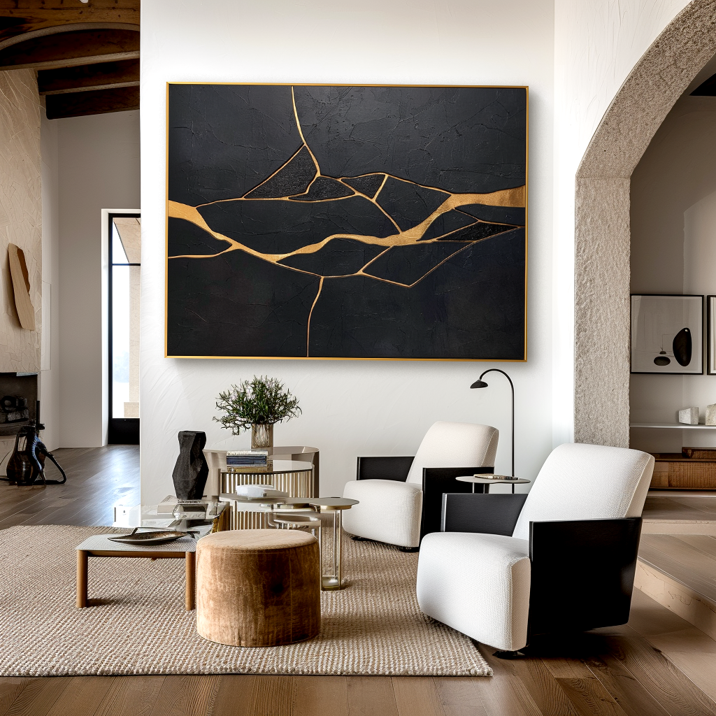 Gilded Fault - Modern Minimalist Black and Gold Cracked Abstract Wall Art#AB14167