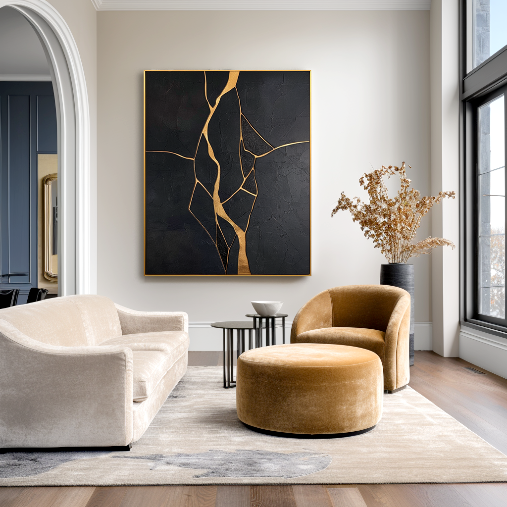Gilded Fault - Modern Minimalist Black and Gold Cracked Abstract Wall Art#AB14167
