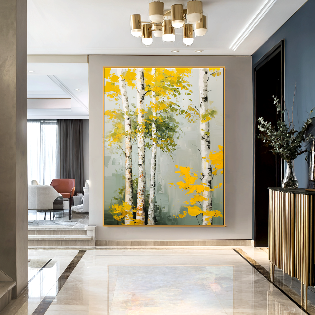 Golden Grove Large Hand-Painted Birch Tree Oil Painting#AB14216