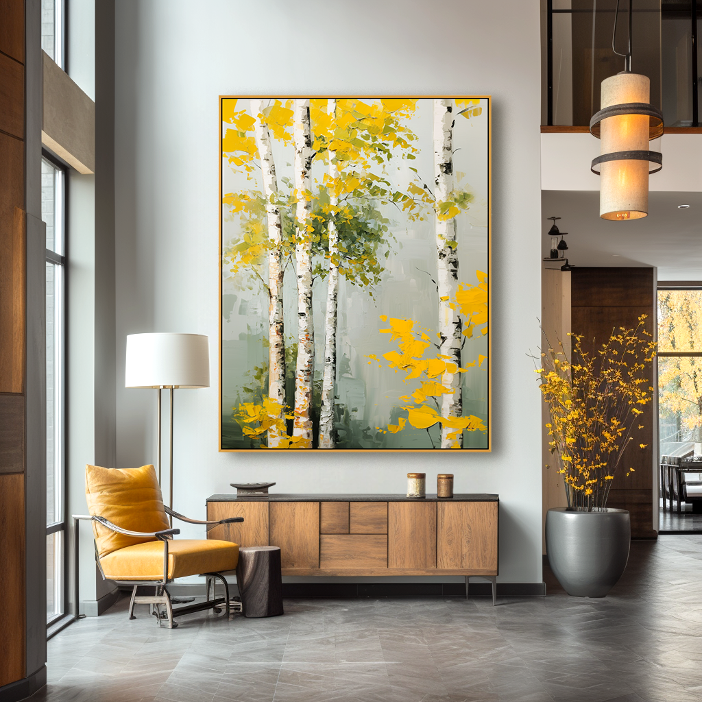 Golden Grove Large Hand-Painted Birch Tree Oil Painting#AB14216