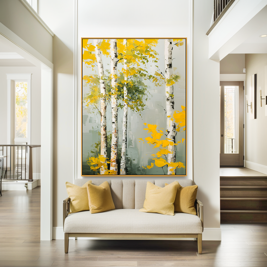 Golden Grove Large Hand-Painted Birch Tree Oil Painting#AB14216