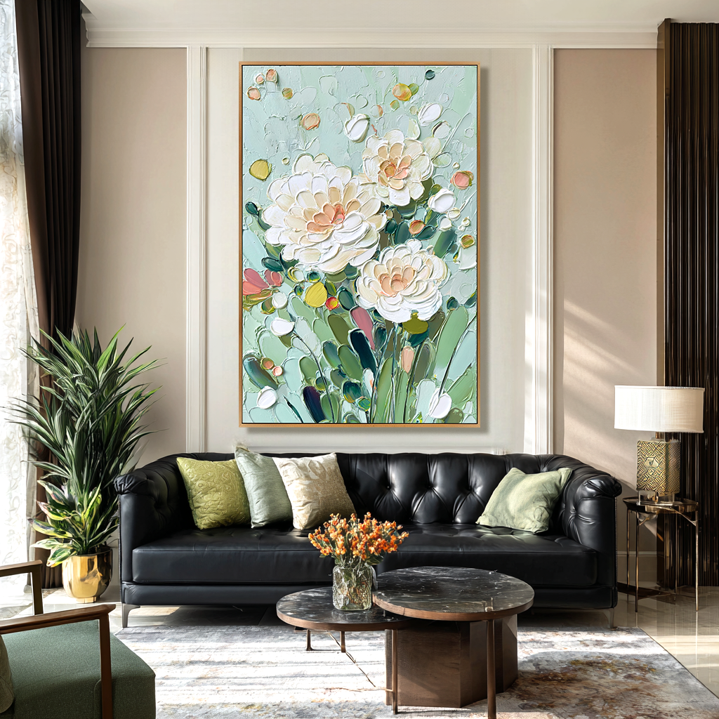Soft Garden Glow Large Hand-Painted Textured Floral Oil Painting#AB14219