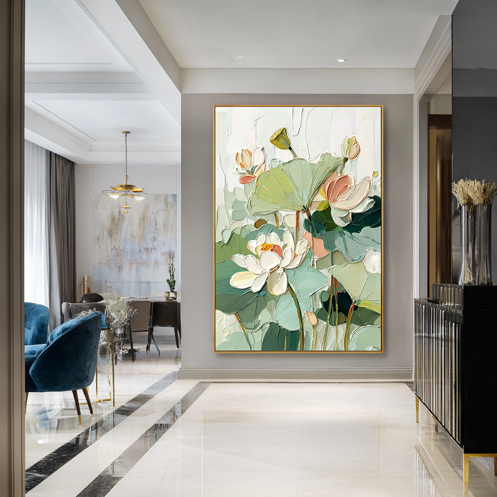 Lotus in Soft Light Large Hand-Painted Textured Floral Oil Painting#AB14220