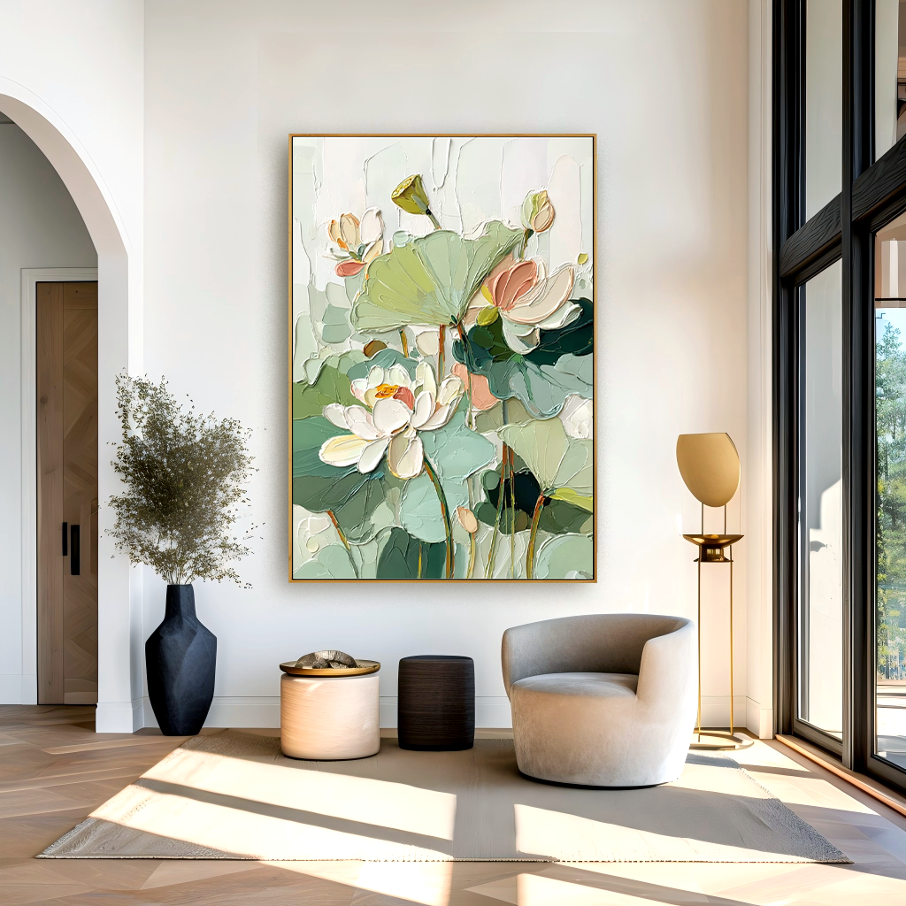 Lotus in Soft Light Large Hand-Painted Textured Floral Oil Painting#AB14220
