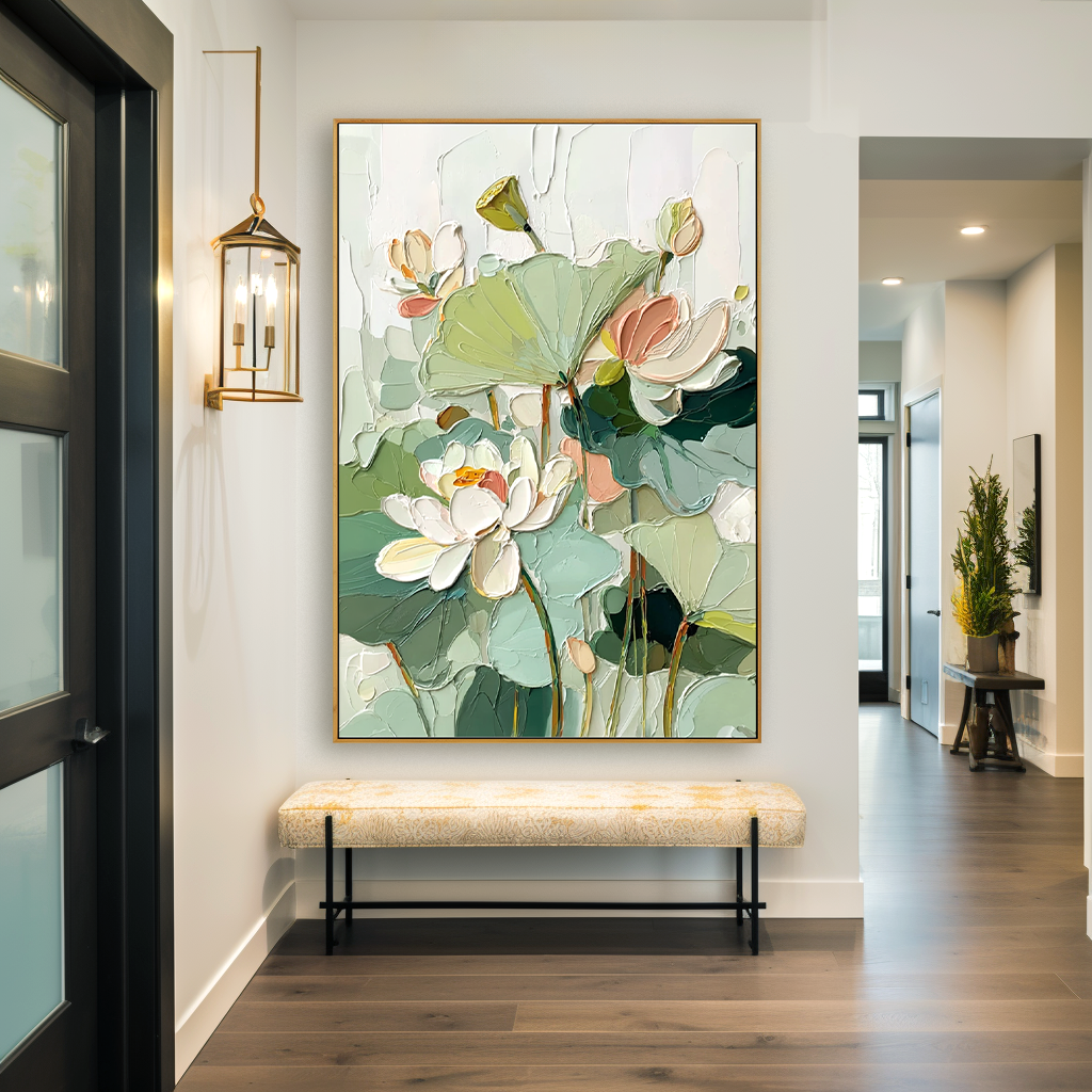 Lotus in Soft Light Large Hand-Painted Textured Floral Oil Painting#AB14220