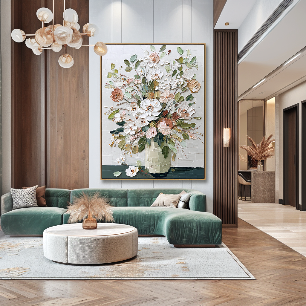 Soft Gathering Hand-Painted Textured Floral Oil Painting – Elegant Vase Wall Art#AB14232