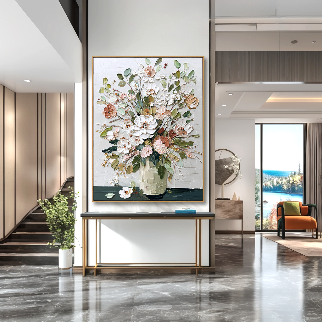 Soft Gathering Hand-Painted Textured Floral Oil Painting – Elegant Vase Wall Art#AB14232