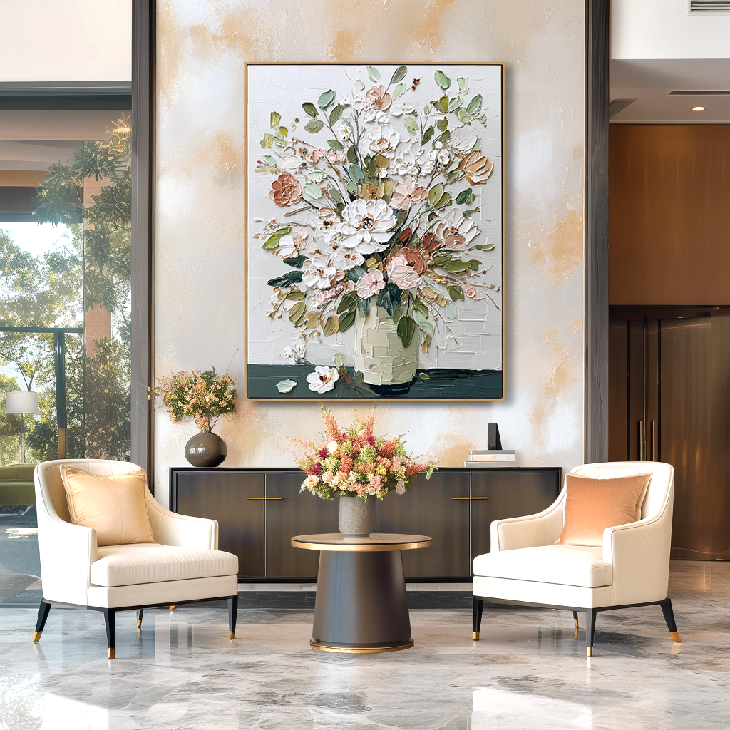 Soft Gathering Hand-Painted Textured Floral Oil Painting – Elegant Vase Wall Art#AB14232