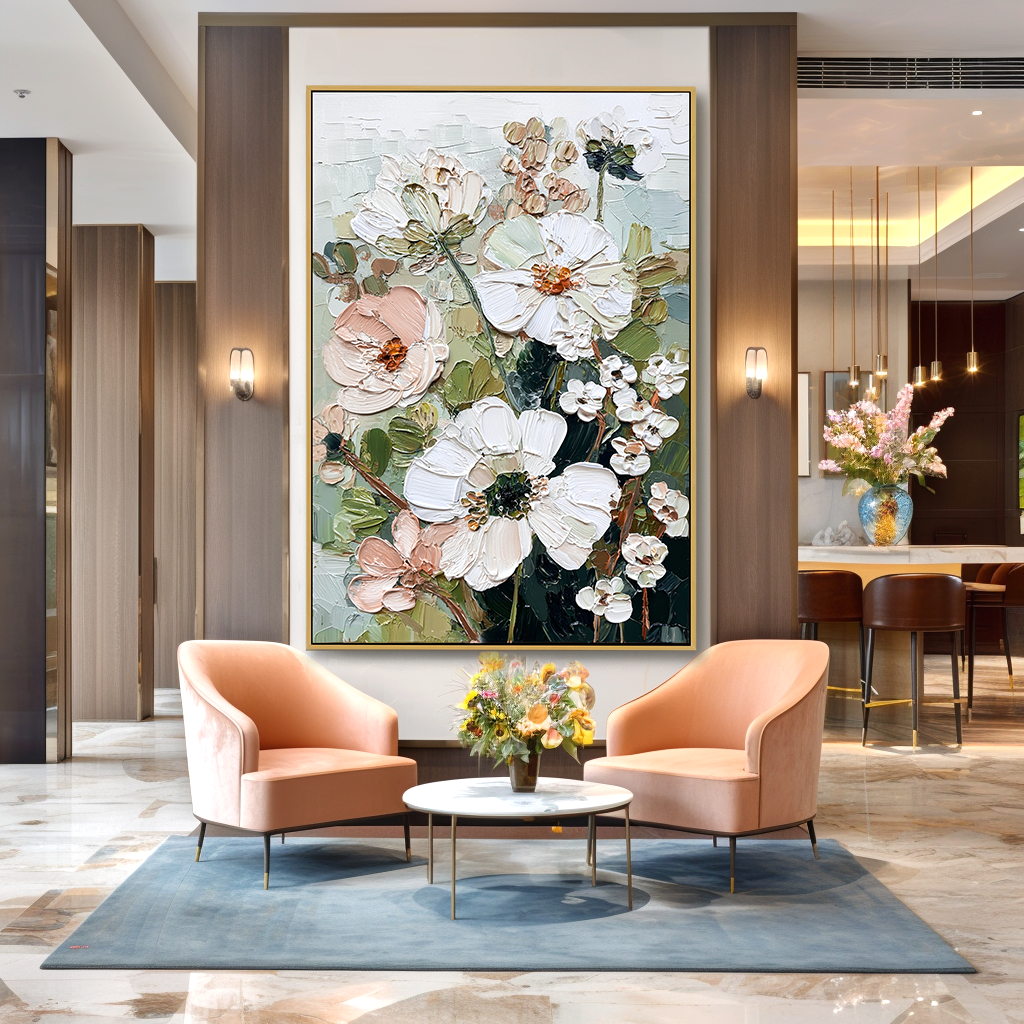 Gentle Meadow Hand-Painted Textured Floral Oil Painting – Soft Garden Wall Art#AB14233