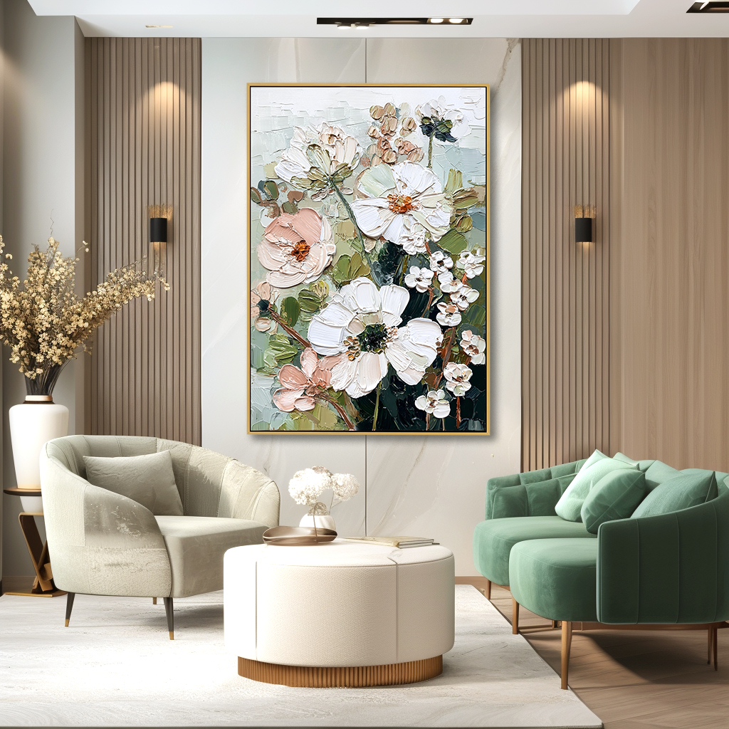 Gentle Meadow Hand-Painted Textured Floral Oil Painting – Soft Garden Wall Art#AB14233