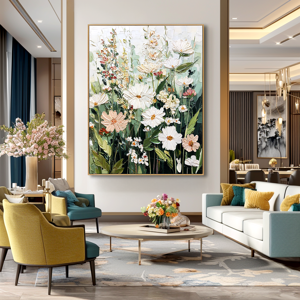 Wild Garden Stillness – Hand-Painted Textured Floral Oil Painting#AB14234