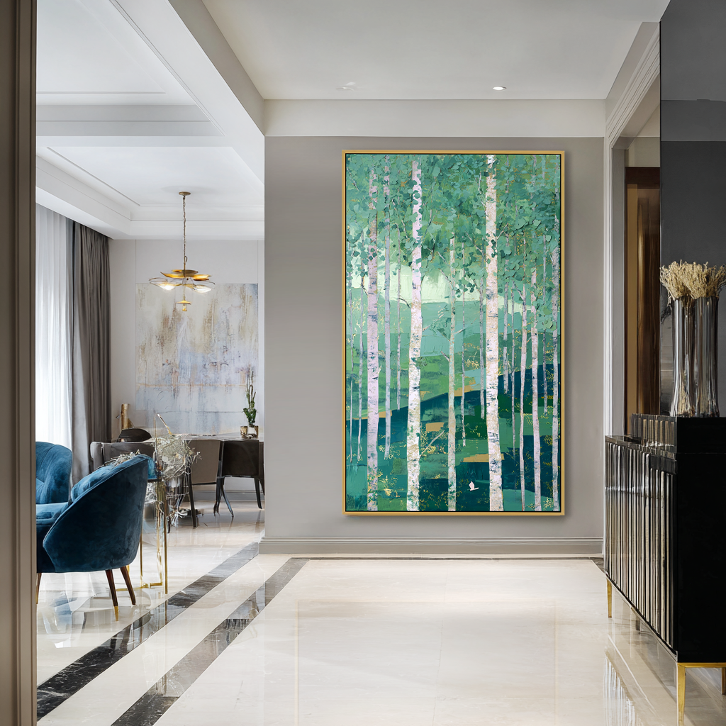 Vertical Silence – Hand-Painted Abstract Textured Forest Oil Painting#AB14246