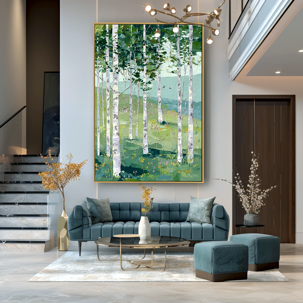 Quiet Hillside – Hand-Painted Abstract Birch Forest Oil Painting#AB14247