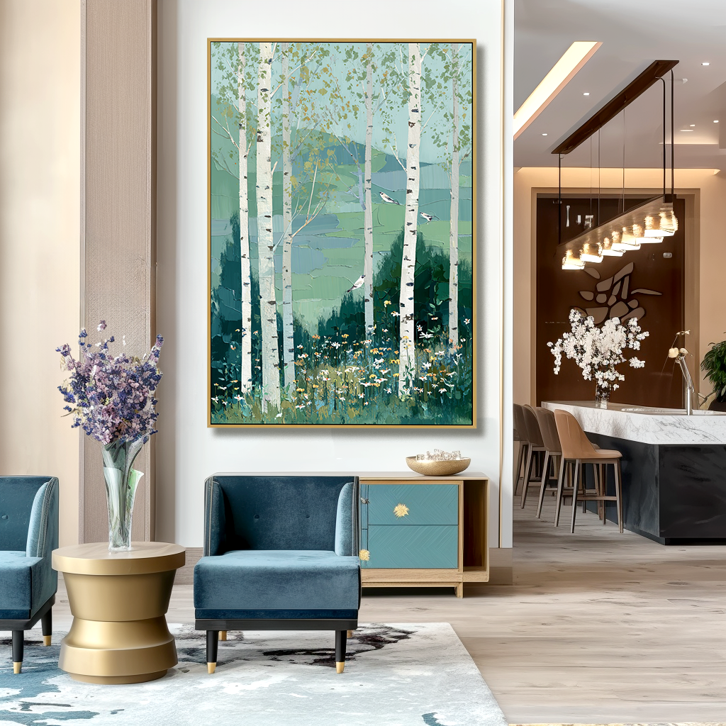 Drifting Through the Grove – Hand-Painted Abstract Birch Forest Oil Painting#AB14248