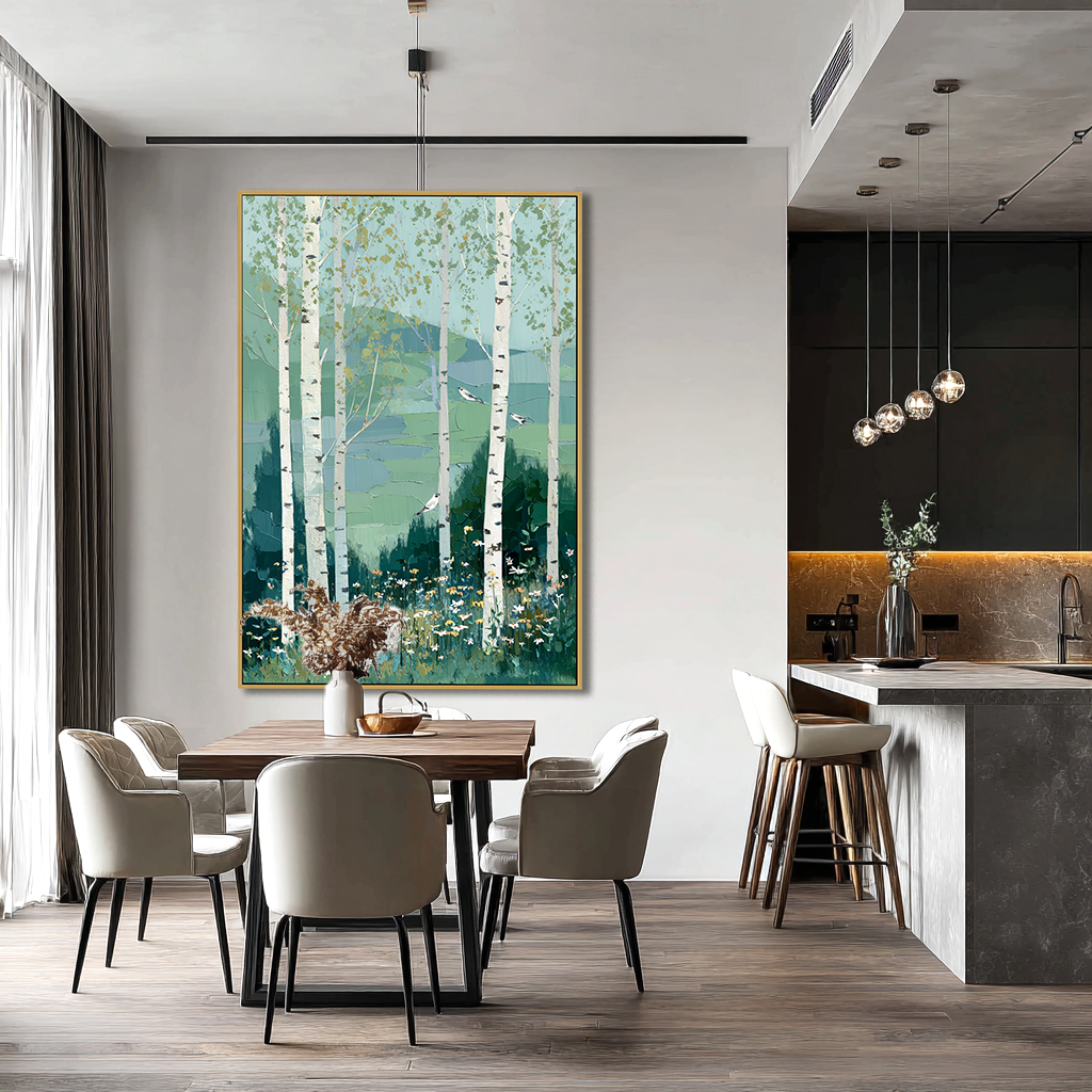 Drifting Through the Grove – Hand-Painted Abstract Birch Forest Oil Painting#AB14248