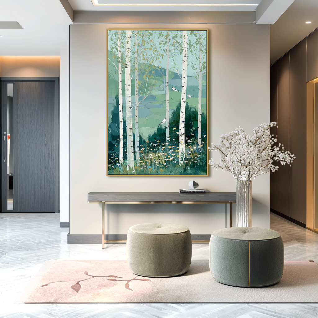 Drifting Through the Grove – Hand-Painted Abstract Birch Forest Oil Painting#AB14248