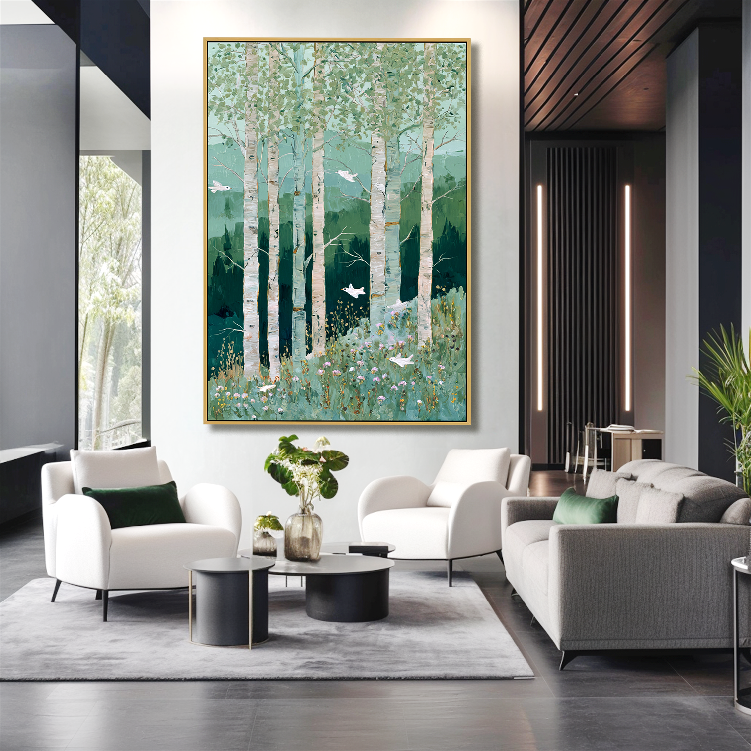 Whispers Between the Trees – Hand-Painted Abstract Birch Forest Oil Painting#AB14249