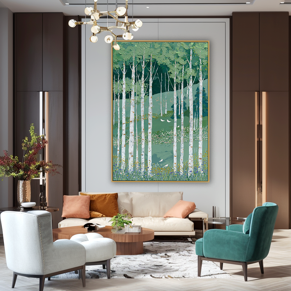 Still Meadow Grove – Hand-Painted Abstract Birch Forest Oil Painting#AB14250