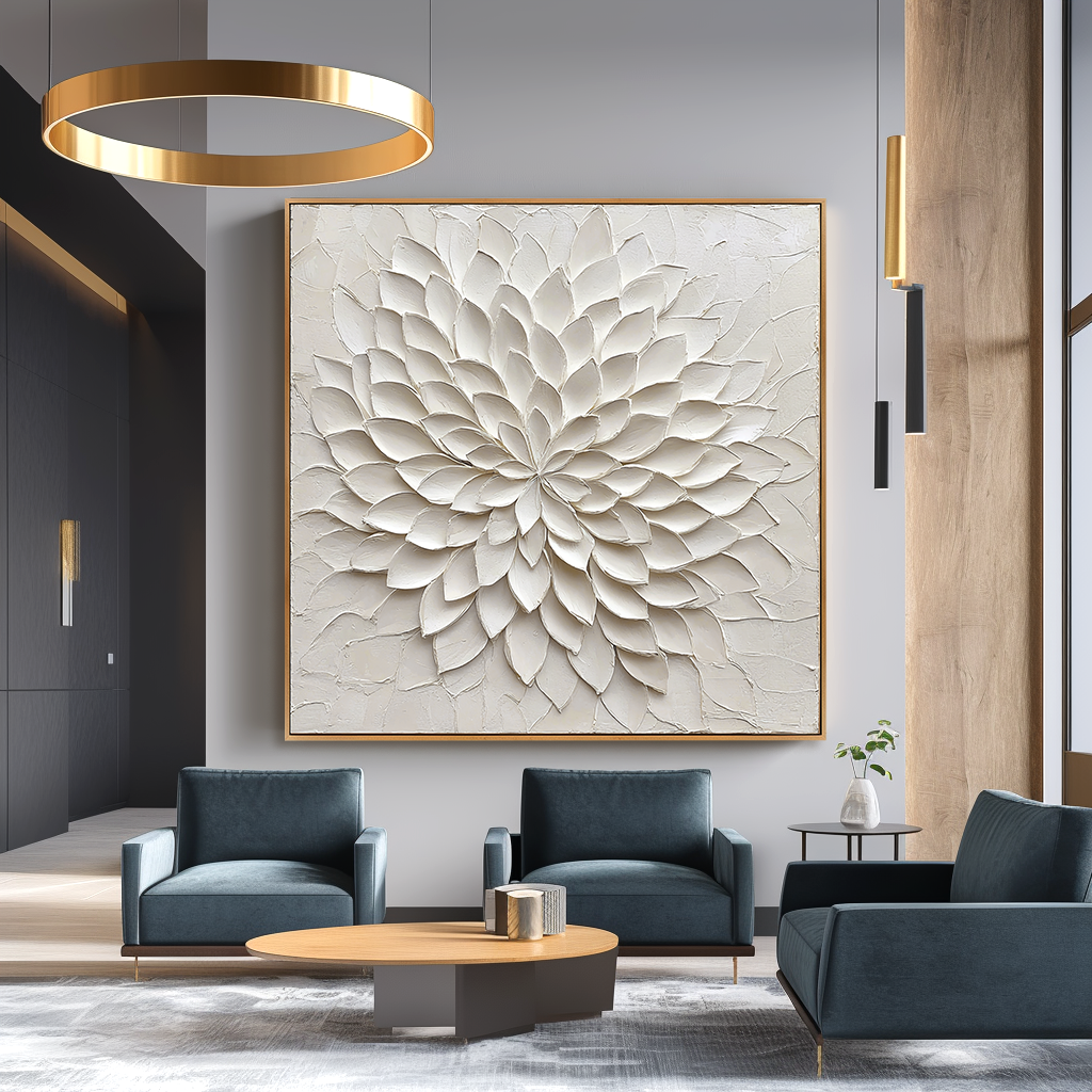 Silent Bloom – Hand-Painted White Textured Floral Wall Art#AB14172