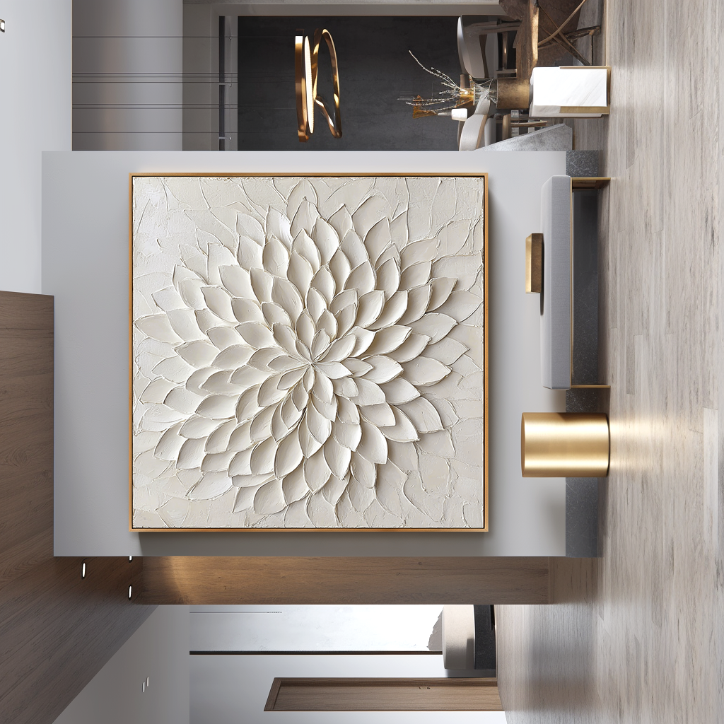 Silent Bloom – Hand-Painted White Textured Floral Wall Art#AB14172