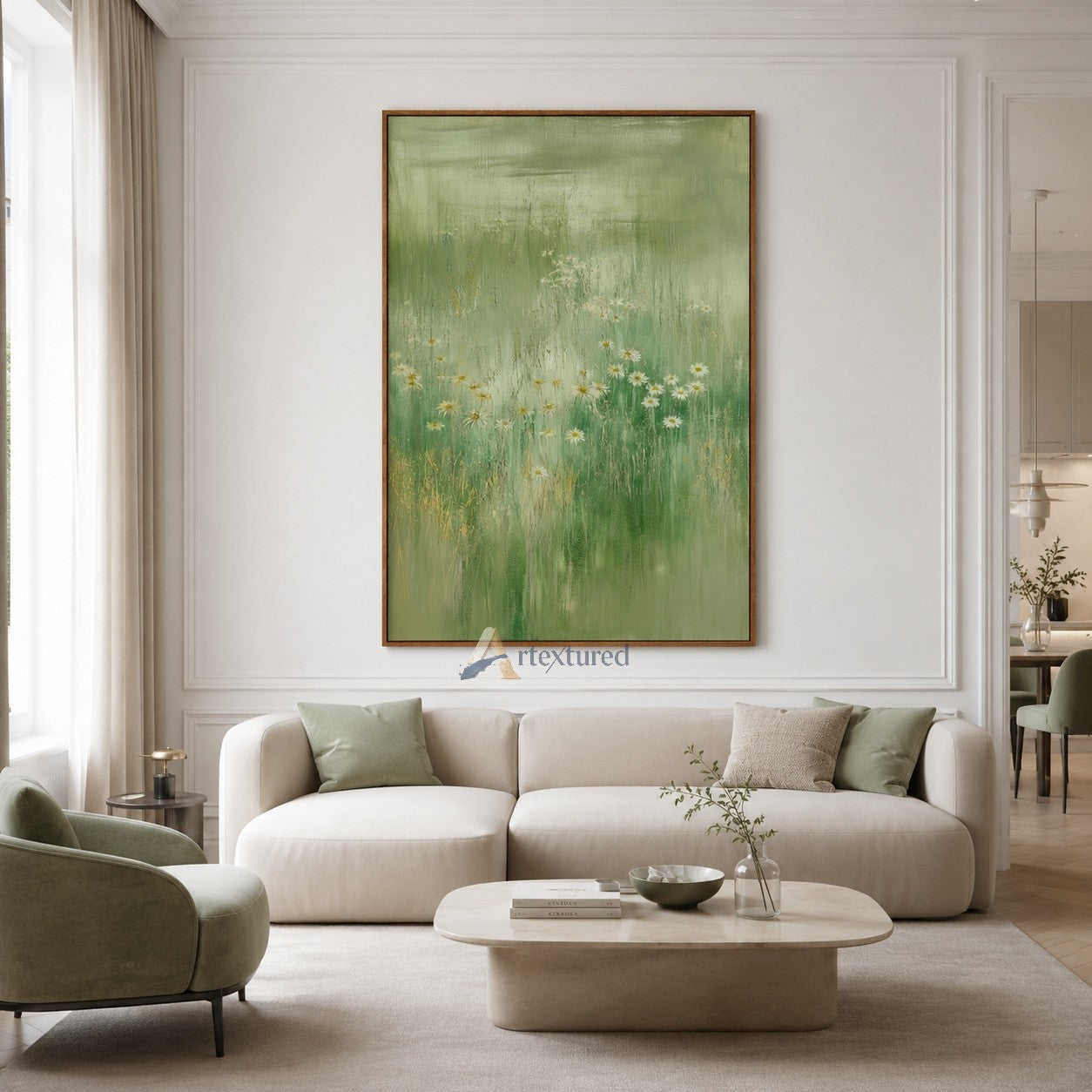 Soft Green Meadow Wall Art with Wildflowers#CI260436