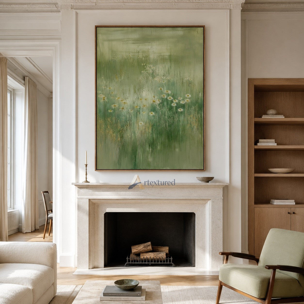 Soft Green Meadow Wall Art with Wildflowers#CI260436