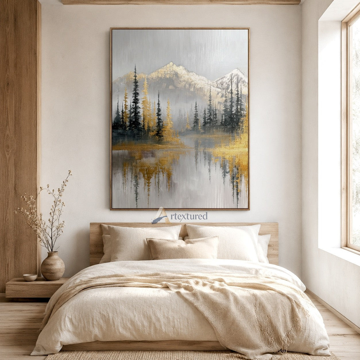 Golden Mountain Lake Wall Art with Forest View#CI260442