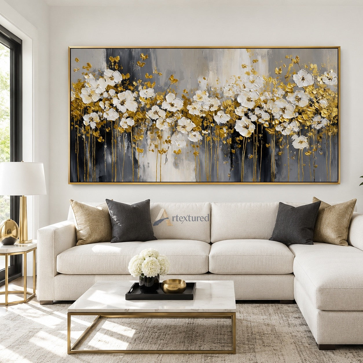Gold White Floral Wall Art with Textured Flowers#CI260443