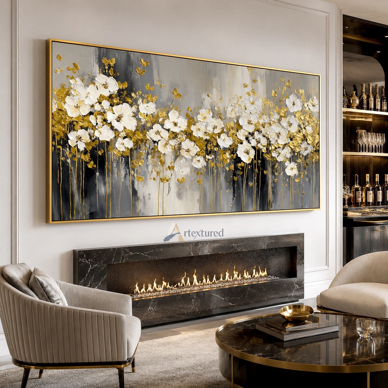Gold White Floral Wall Art with Textured Flowers#CI260443
