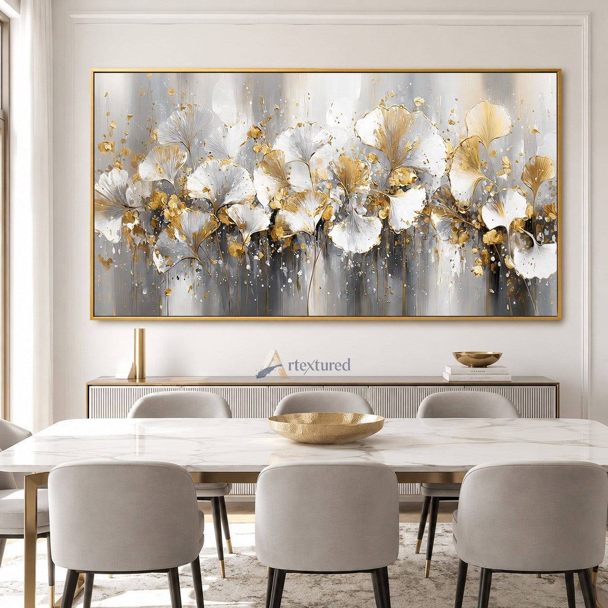 Gold Ginkgo Floral Wall Art with White Flowers#CI260444
