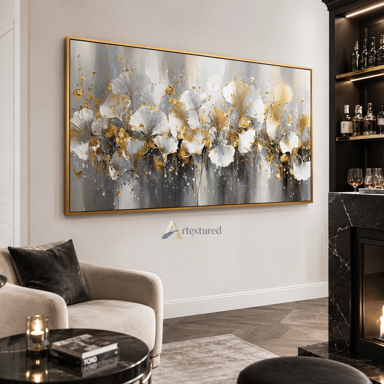 Gold Ginkgo Floral Wall Art with White Flowers#CI260444