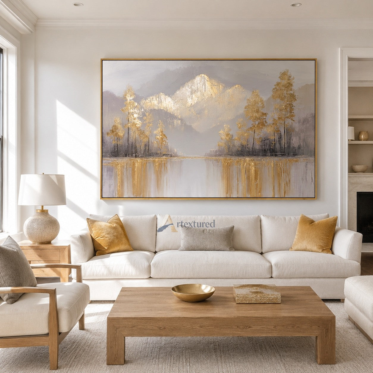 Golden Mountain Landscape Wall Art with Lake View#CI260445