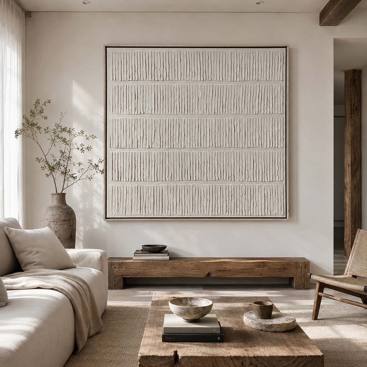 Quiet Lines – White Textured Minimalist Painting#CI260473